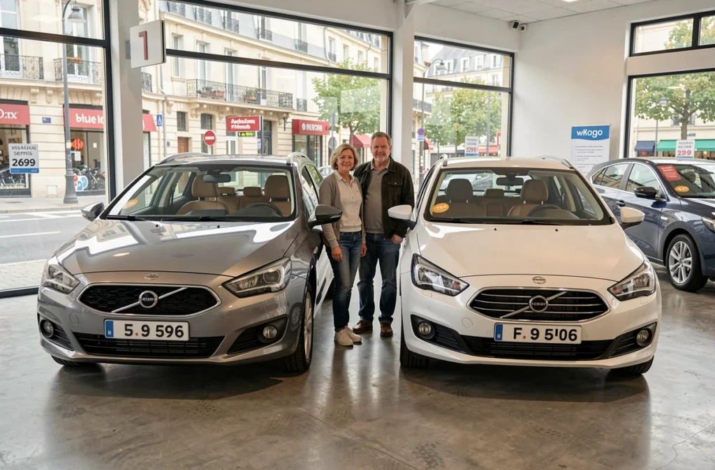 Couple comparant deux modèles de voitures sans permis dans un showroom à Valenciennes