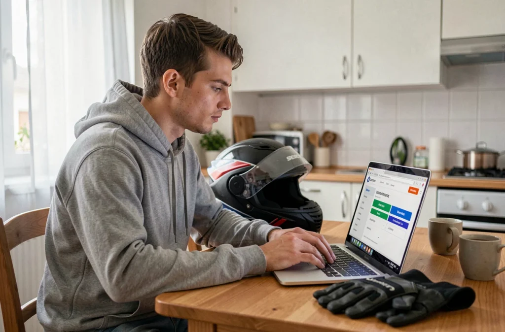 Jeune homme comparant les prix d'assurance moto en permis A2 sur un site internet depuis chez lui