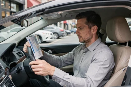 Homme assis au volant d'une voiture tenant son permis de conduire avec une expression préoccupée