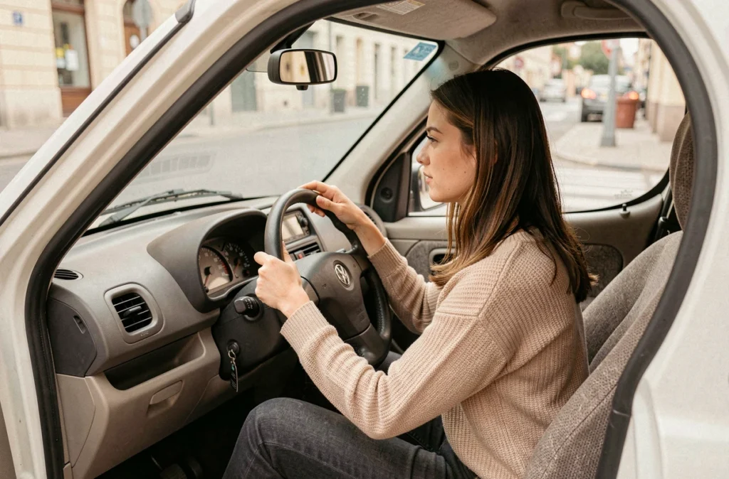 Jeune femme au volant d'une voiture sans permis vue de l'intérieur