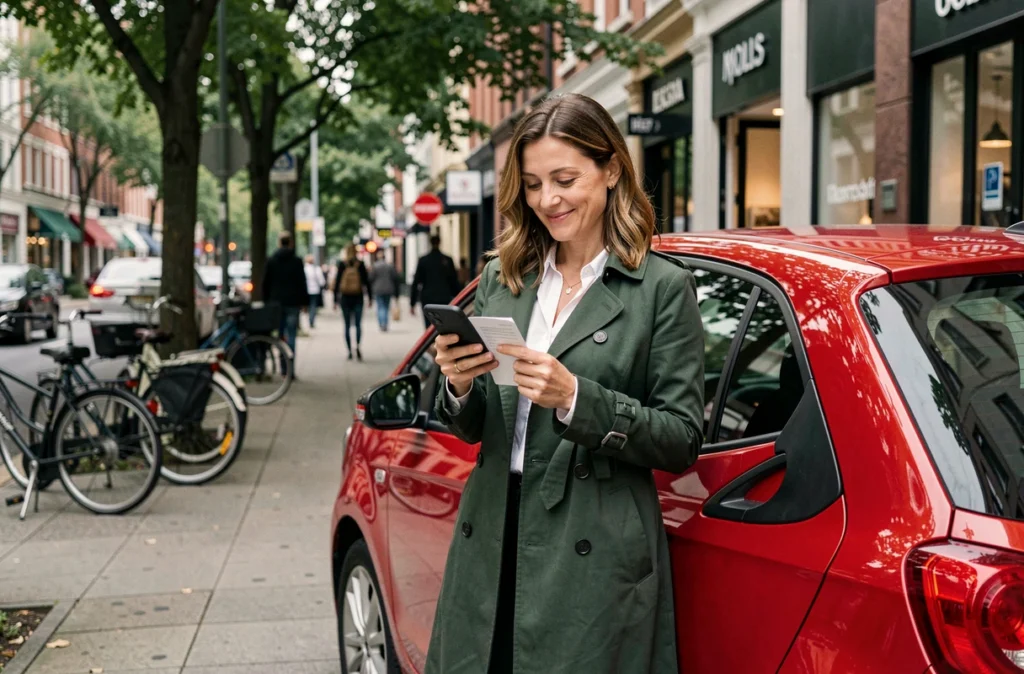 Femme recevant la confirmation de son assurance voiture immédiate sur son téléphone en ville