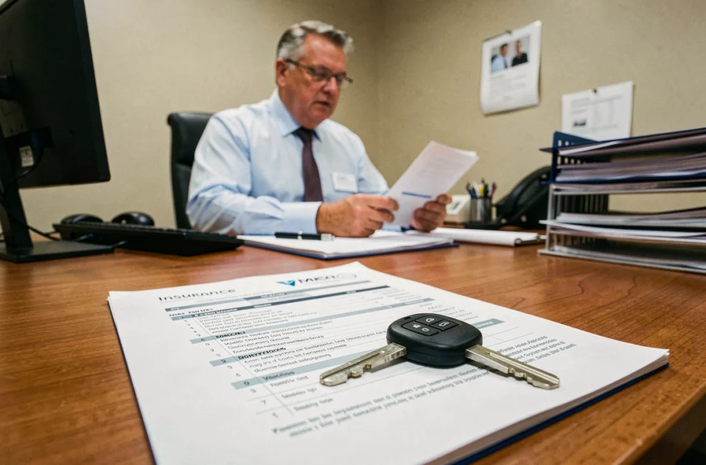 Document de contrat d'assurance voiture et clé de véhicule posés sur un bureau dans une agence d'assurance automobile