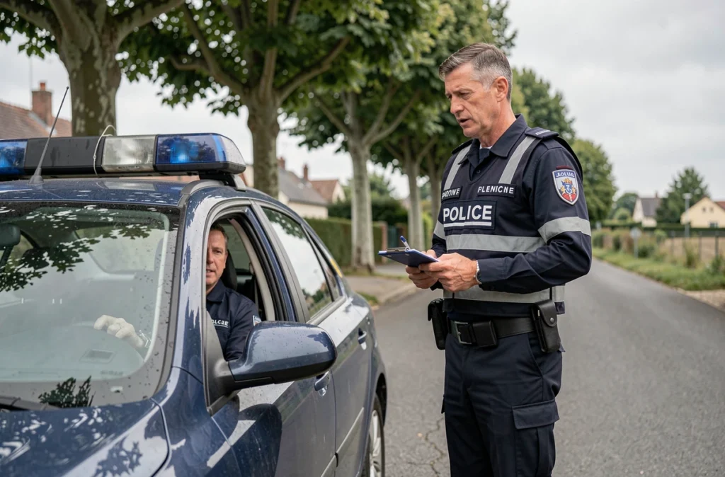 Agent de police contrôlant un conducteur lors d'un arrêt routier en bord de route