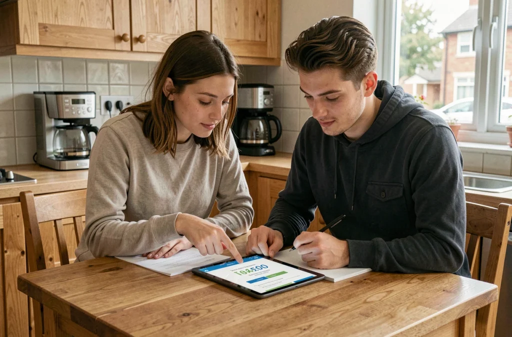 Couple comparant des devis d'assurance auto en ligne sur une tablette dans leur cuisine