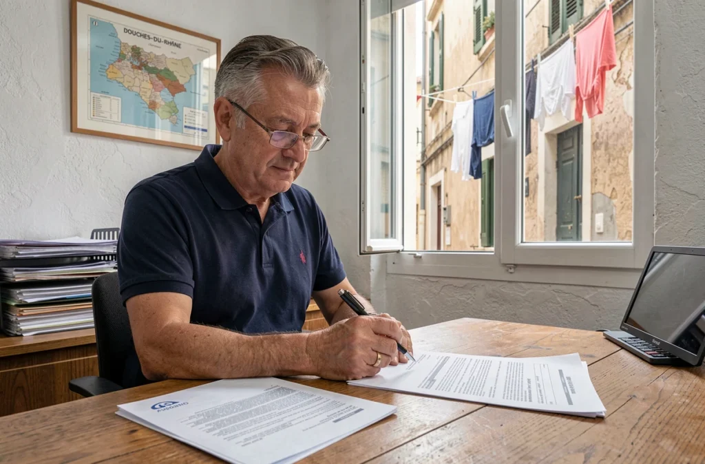 Courtier en assurance auto examinant un contrat dans son bureau à Marseille