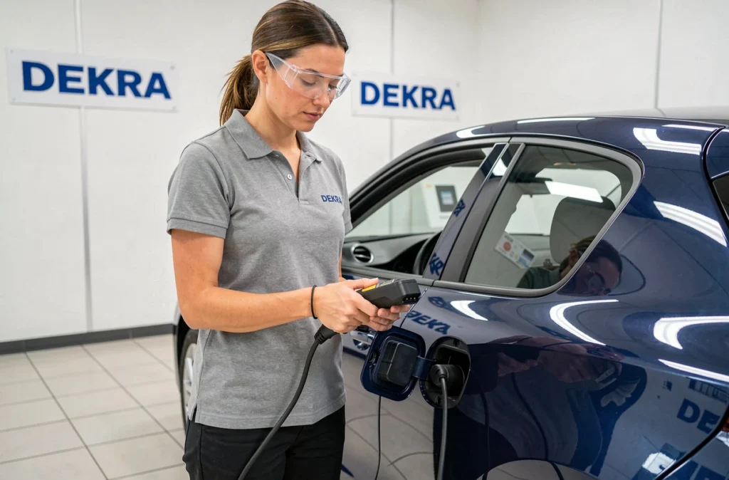 Inspectrice Dekra Metz réalisant un diagnostic électronique sur un véhicule avec un appareil OBD