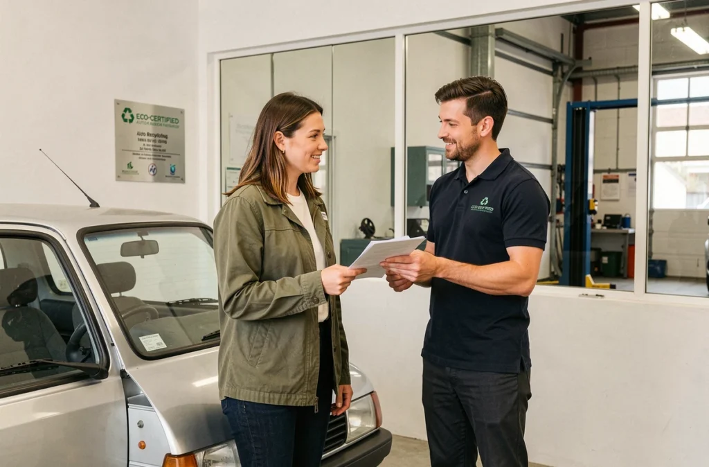 Propriétaire de voiture discutant des démarches administratives avec un agent d'accueil dans un centre de recyclage automobile certifié