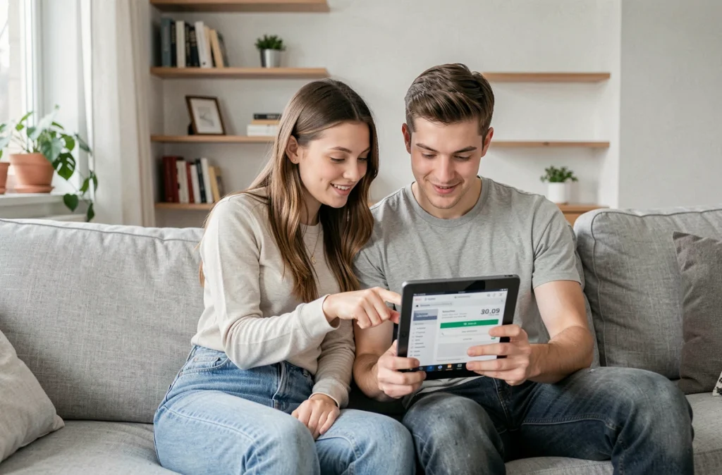 Couple comparant des offres d'assurance auto économique sur une tablette dans leur salon