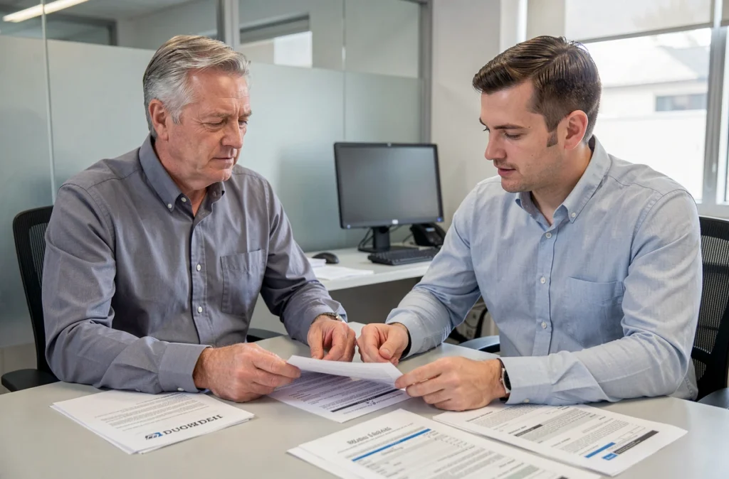 Courtier en assurance présentant un devis d'assurance auto pas cher à un client dans un bureau professionnel