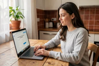 Femme comparant des devis d'assurance auto en ligne sur son ordinateur portable dans une cuisine moderne