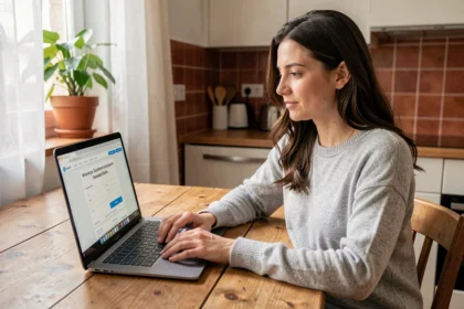 Femme comparant des devis d'assurance auto en ligne sur son ordinateur portable dans une cuisine moderne