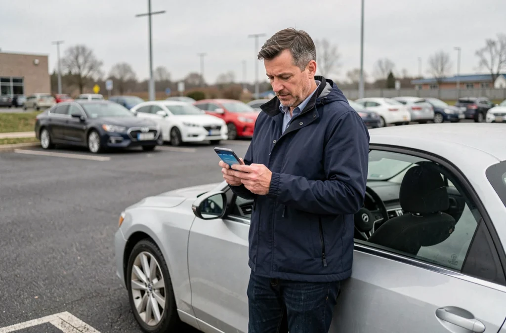 Homme consultant un comparateur d'assurance auto sur smartphone dans un parking urbain