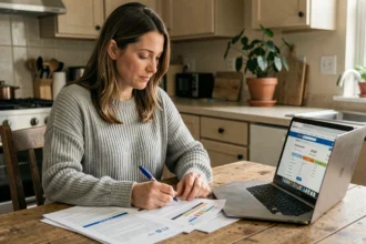 Femme comparant des offres d'assurance auto sur des documents papier et un ordinateur portable dans une cuisine moderne