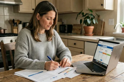 Femme comparant des offres d'assurance auto sur des documents papier et un ordinateur portable dans une cuisine moderne