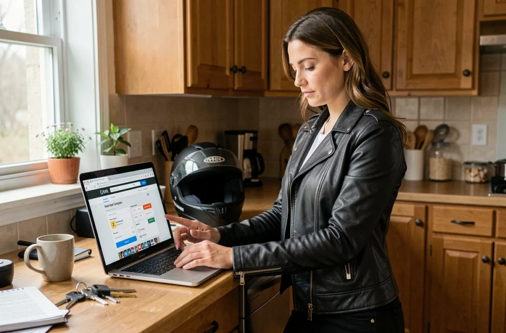 Femme motarde comparant des offres d'assurance moto pas chère sur ordinateur portable