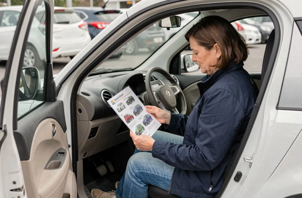 Femme comparant des modèles de voitures sans permis chez un concessionnaire à Besançon