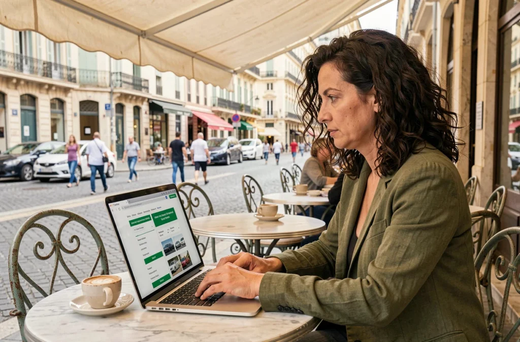 Femme comparant des assurances auto pas chères sur un ordinateur portable dans un café de Marseille