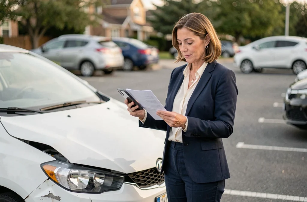 Femme consultant son contrat d'assurance auto après un accident de voiture dans un parking