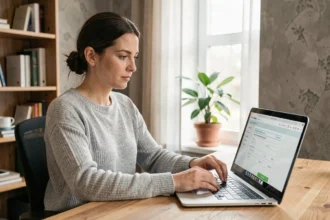 Femme consultant un formulaire de devis assurance auto en ligne sur son ordinateur portable dans un bureau à domicile