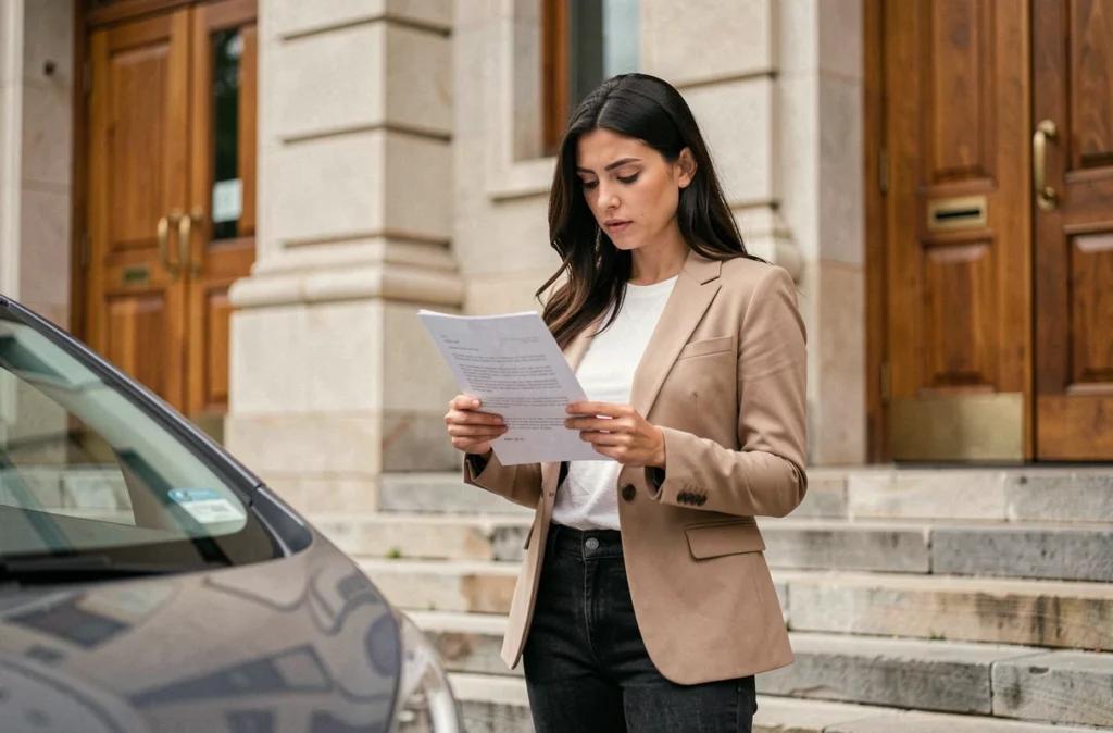 Femme lisant un document officiel devant un tribunal concernant une interdiction de conduire sans permis