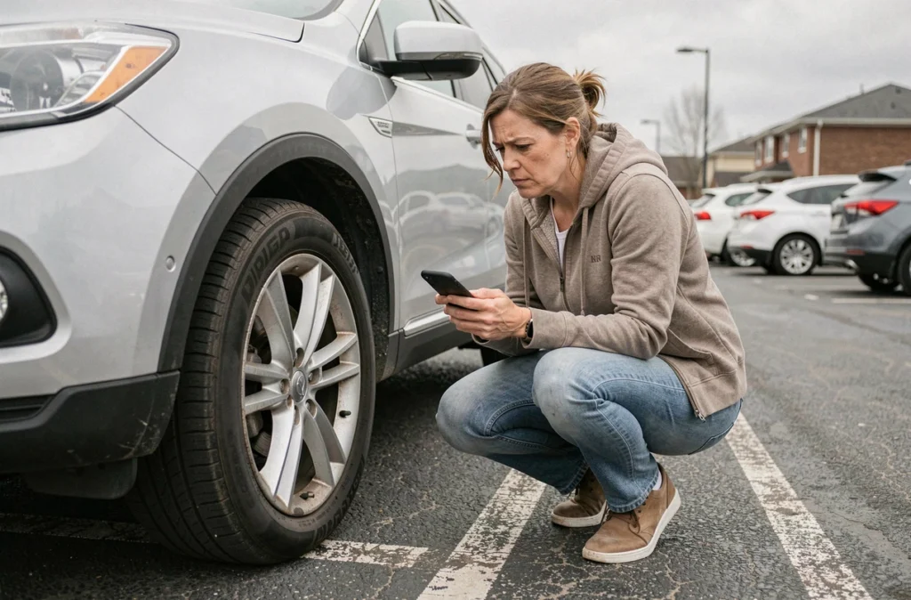Femme examinant une jante alu rayée de son SUV dans un parking pour évaluer la réparation ou le remplacement