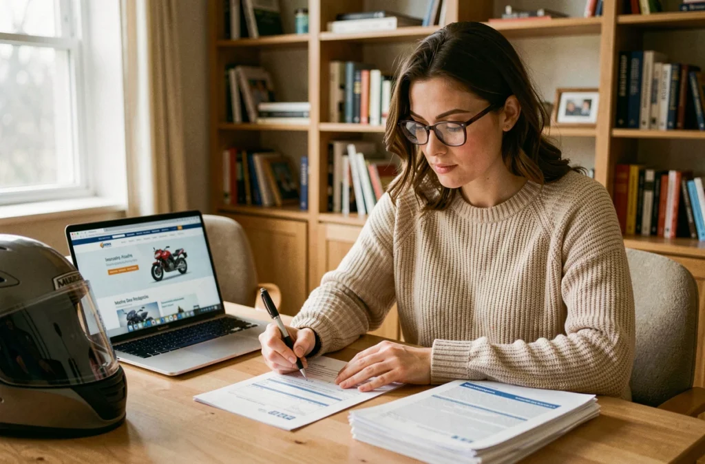 Femme remplissant un formulaire d'assurance moto à son bureau avec un casque posé à côté