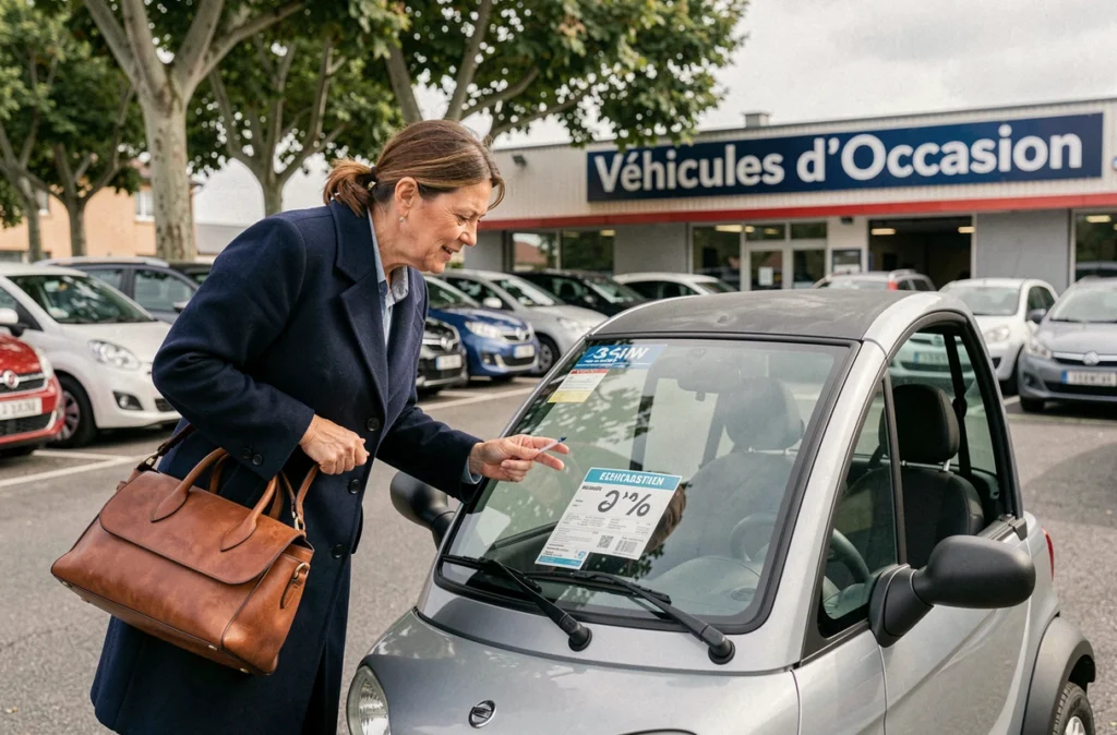 Femme d'une cinquantaine d'années examinant une voiture sans permis d'occasion dans un concessionnaire à Dijon