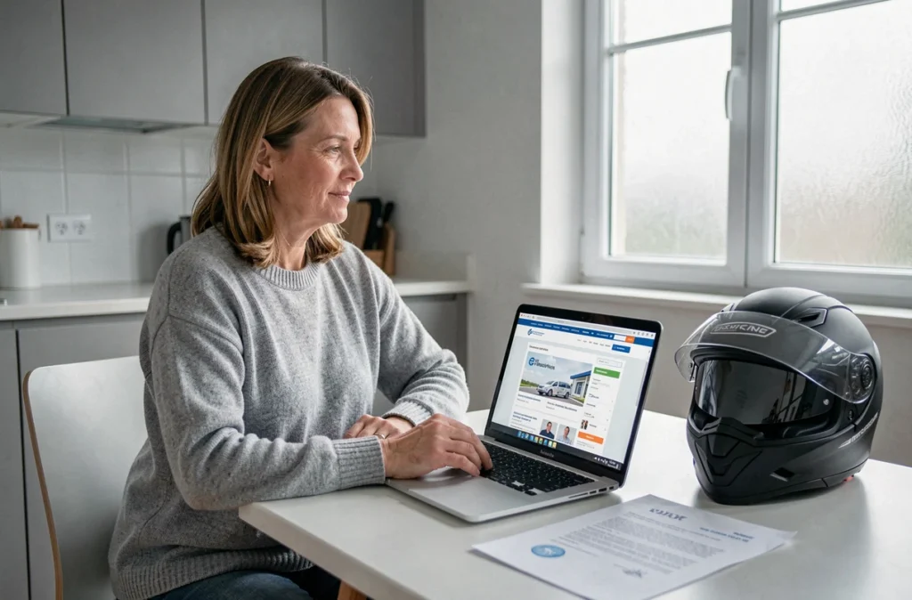Femme préparant une lettre de résiliation d'assurance moto avec un ordinateur portable et un casque sur la table