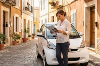 Femme examinant une voiture sans permis garée dans une rue typique de Perpignan