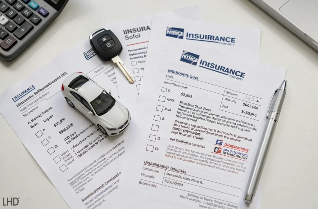 Vue aérienne d'une clé de voiture, de devis d'assurance auto et d'une calculatrice sur un bureau blanc