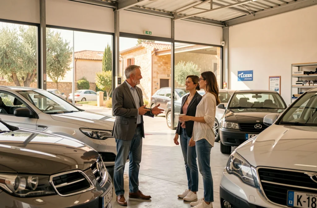 Vendeur de Gaillard Robles Automobiles présentant un véhicule restauré à des clients dans le Var