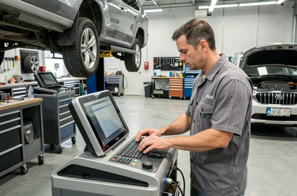 Technicien du Garage Autorep83 SARL MT Auto 83 utilisant un équipement de diagnostic moderne dans le Var