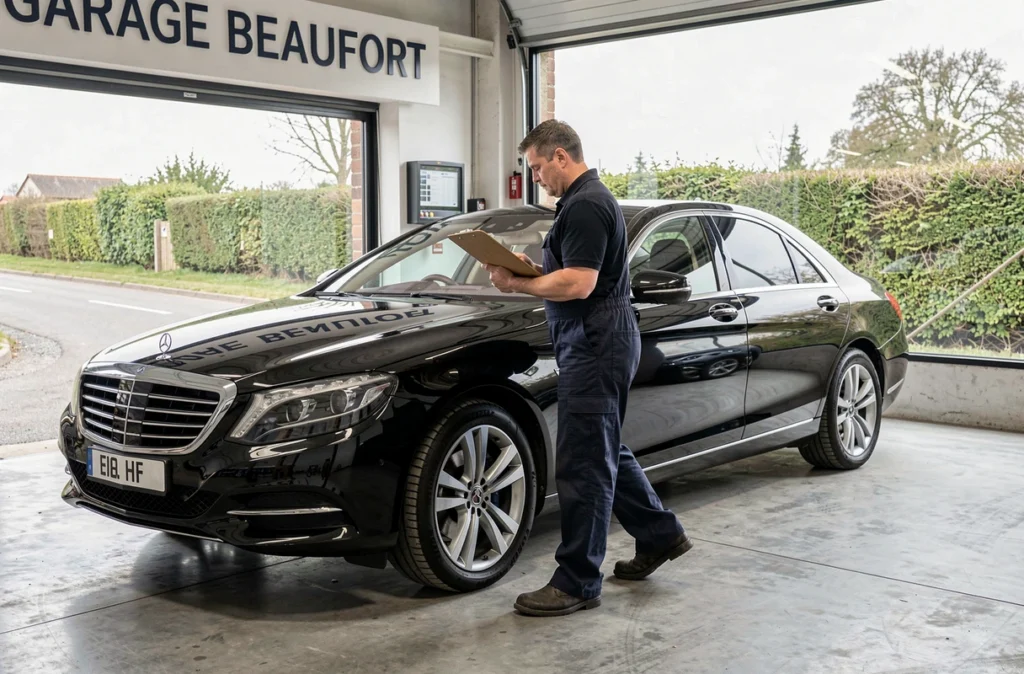 Mécanicien réalisant un contrôle technique visuel au Garage Beaufort dans l'Eure