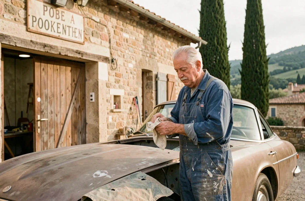 Mécanicien du Garage de la Bouverie dans un cadre provençal authentique avec une voiture en réparation