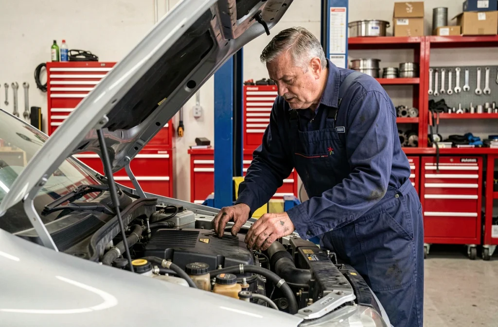 Mécanicien inspectant un moteur au Garage DHUEZ à Gisors dans l'Eure