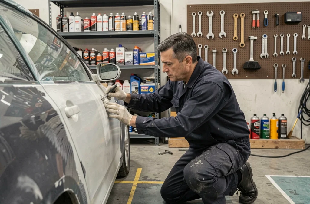 Technicien du Garage KNM appliquant du mastic carrosserie sur une portière de véhicule dans le Var