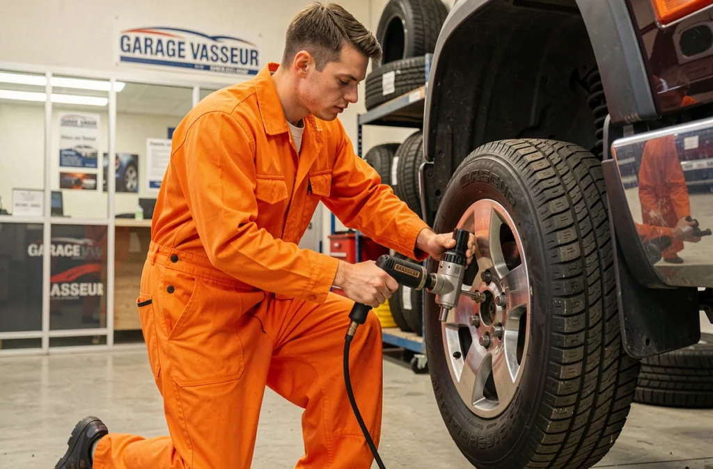 Montage de pneu sur un véhicule surélevé au Garage Vasseur