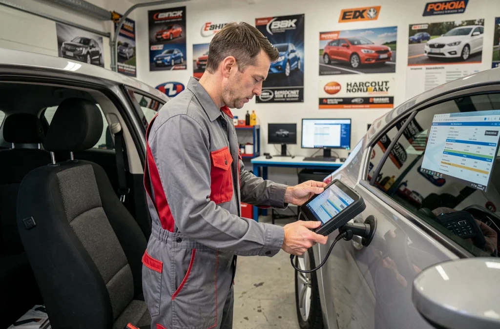 Technicien automobile avec scanner de diagnostic chez GD Automobile à Harcourt