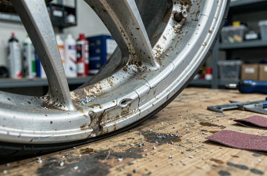 Gros plan sur une jante aluminium abîmée avec traces de corrosion et dommages visibles sur un établi d'atelier