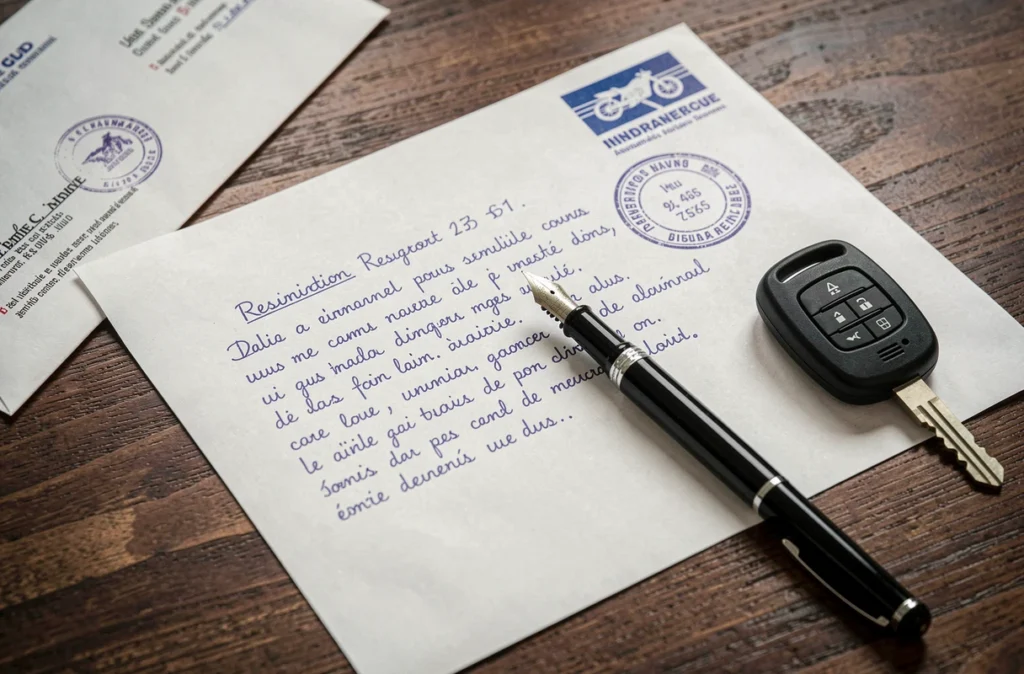 Gros plan d'une lettre de résiliation d'assurance moto manuscrite avec une clé de moto et une enveloppe timbrée