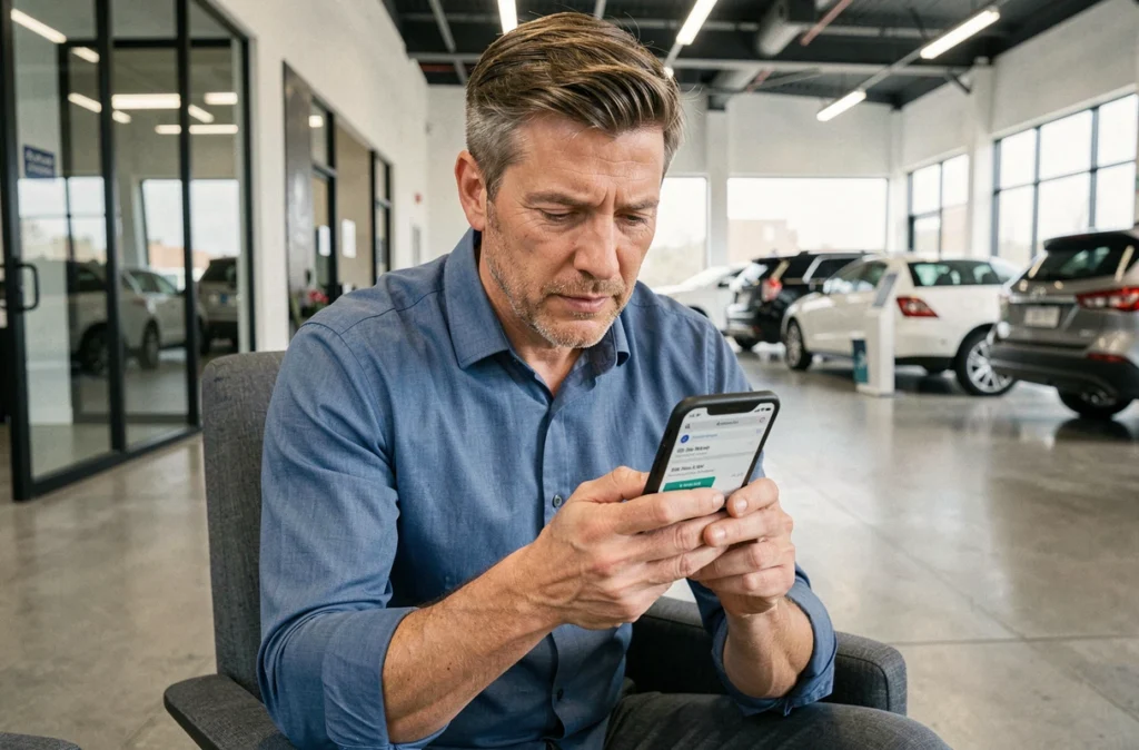Homme comparant des devis d'assurance auto sur smartphone dans une concession automobile moderne