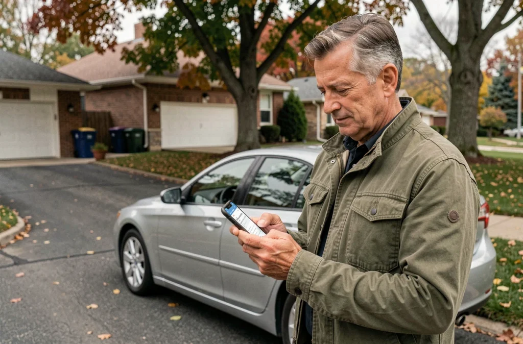 Homme debout à côté de sa voiture consultant un devis d'assurance auto sur son téléphone dans une allée résidentielle