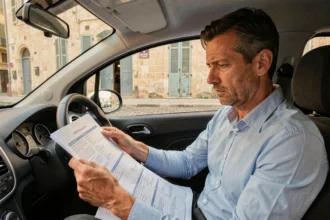 Homme consultant des documents d'assurance auto dans sa voiture à Marseille près du Vieux-Port