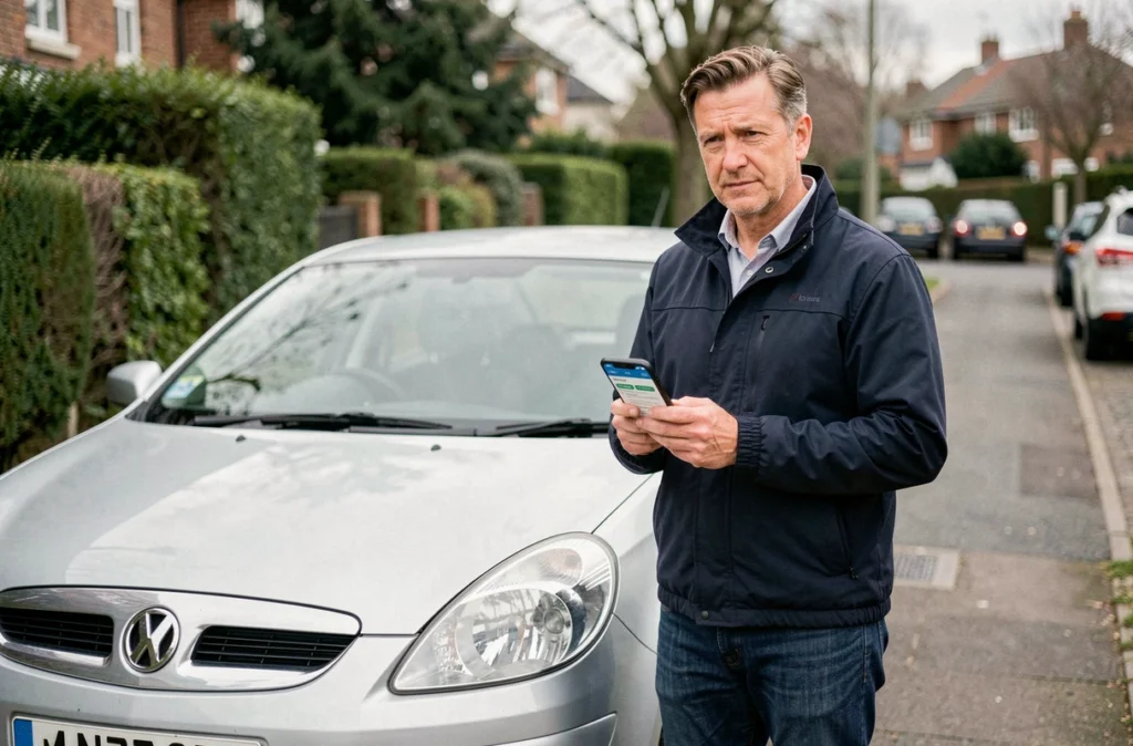 Homme consultant une application de comparaison d'assurance auto sur son smartphone à côté de sa voiture en ville