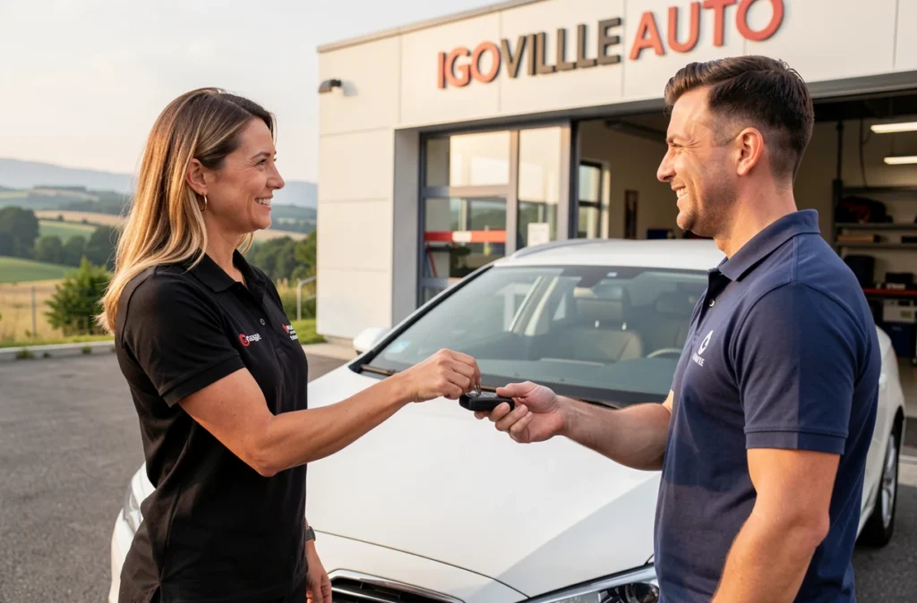 Remise des clés à un client satisfait chez IGOVILLE AUTO à Igoville