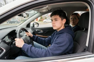 Jeune conducteur en conduite accompagnée au volant d'une voiture avec un adulte superviseur côté passager