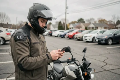 Jeune conducteur moto en permis A2 consultant son téléphone pour comparer les prix d'assurance moto