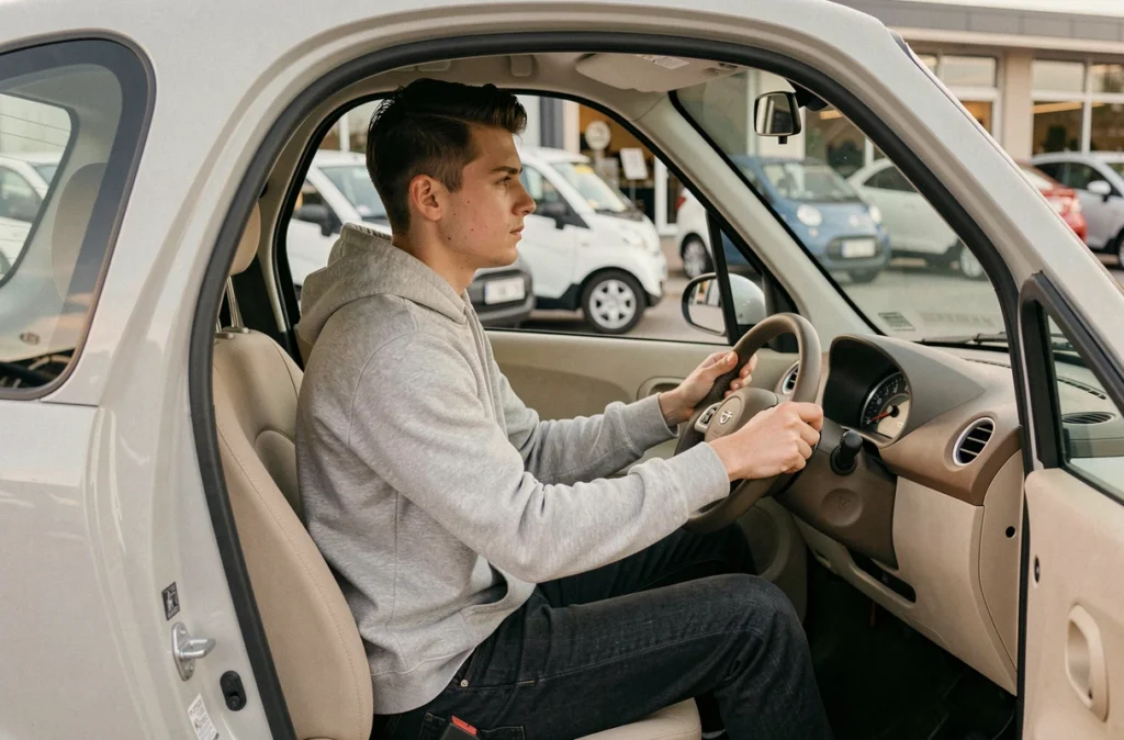 Jeune homme au volant d'une voiture sans permis dans un concessionnaire de Perpignan