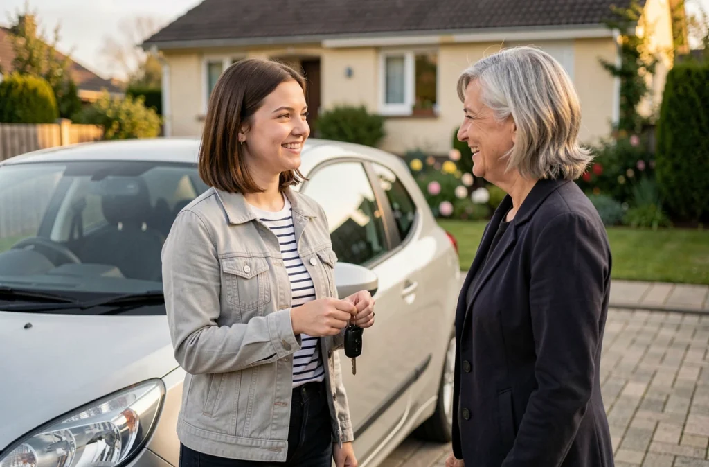 Jeune femme conductrice avec ses clés de voiture et un accompagnateur devant une maison pavillonnaire