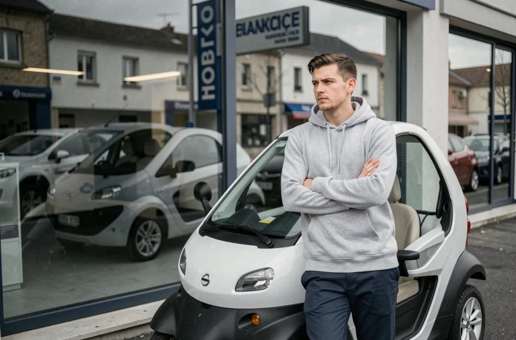 Jeune homme réfléchissant devant une voiture sans permis exposée chez un concessionnaire à Besançon